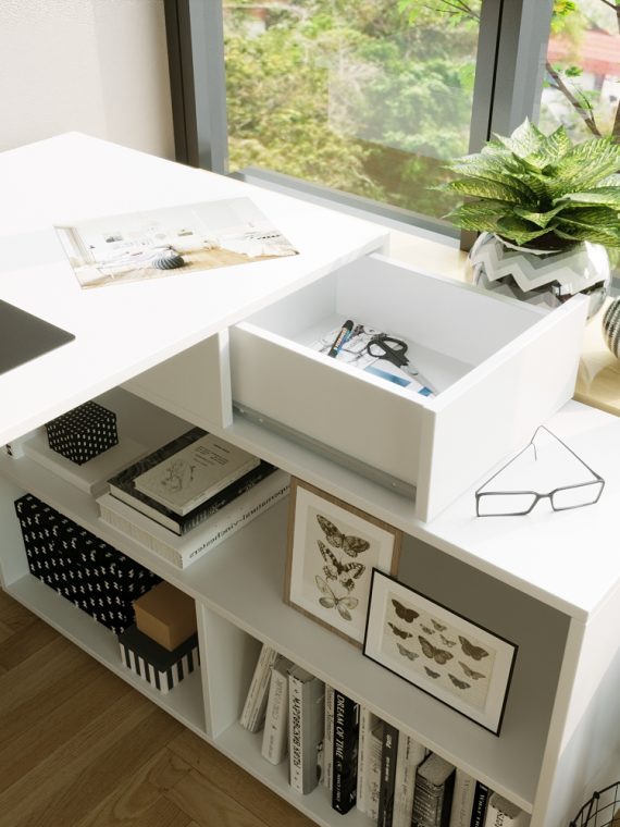 Mesa em L Bruxelas c/ 02 Nichos, 01 Prateleira e 01 Gaveta Branco