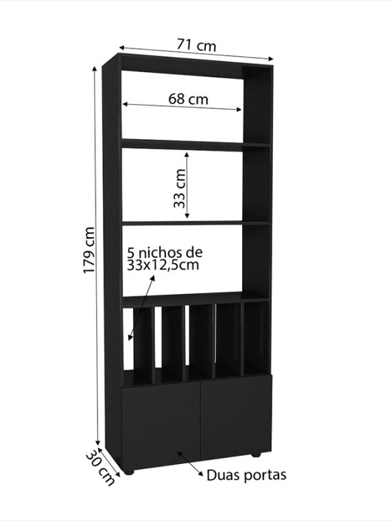 Estante Livreiro Córdova c/ 03 Prateleiras e 05 Nichos e 02 Portas Preto