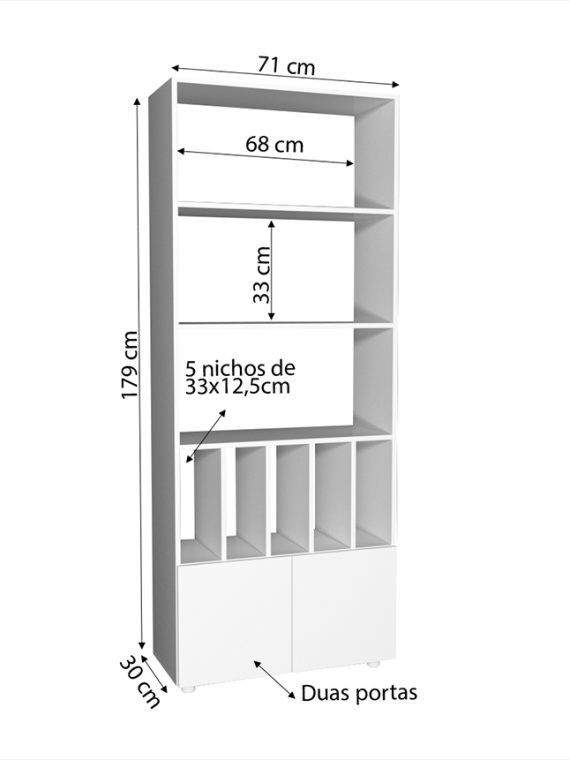Estante Livreiro Córdova c/ 03 Prateleiras e 05 Nichos e 02 Portas Branco