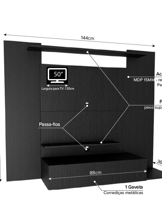 Painel Tv Santiago até 50" - c/ 01 Gaveta e 03 Prateleiras Preto