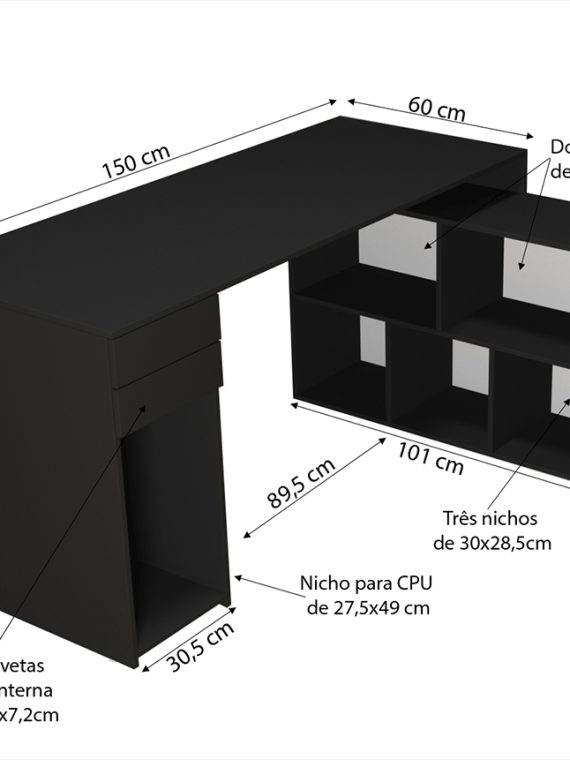 Mesa em L Dublin  c/ 05 Nichos e 02 Gavetas Preto