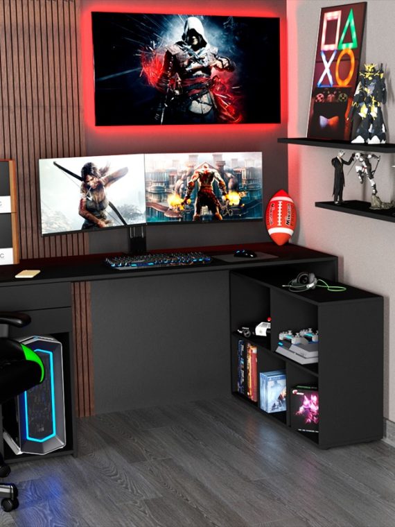 Mesa em L Dublin  c/ 05 Nichos e 02 Gavetas Preto