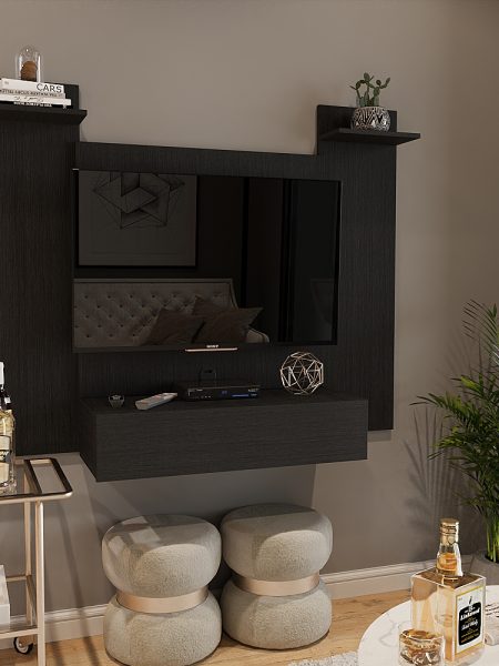 Painel Tv Esperanza até 50" - c/ 03 Prateleiras e 01 Porta Basculante Preto