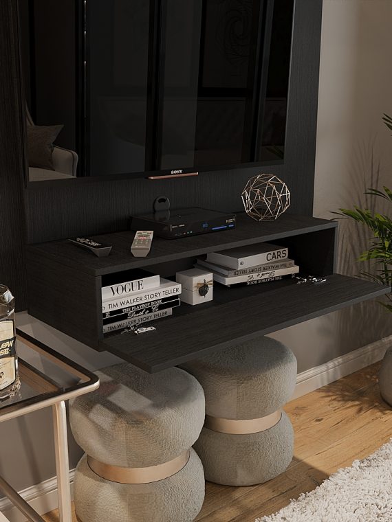 Painel Tv Esperanza até 50" - c/ 03 Prateleiras e 01 Porta Basculante Preto