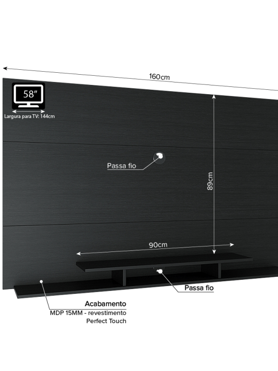 Painel Tv até 60" Tara - c/ 01 Nicho e 02 Prateleiras Preto