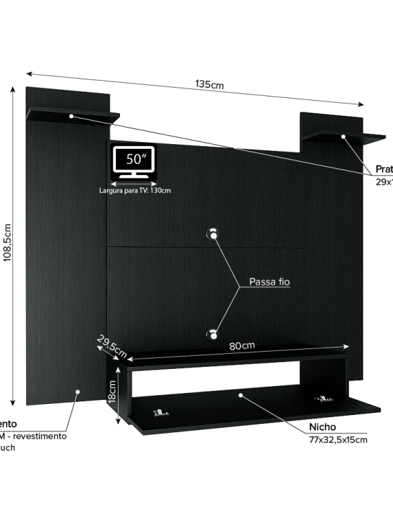 Painel Tv Esperanza até 50" - c/ 03 Prateleiras e 01 Porta Basculante Preto
