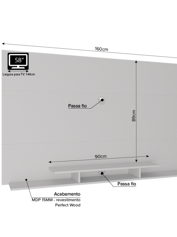 Painel Tv até 60" Tara - c/ 01 Nicho e 02 Prateleiras Branco