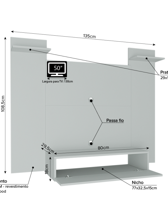 Painel Tv Esperanza até 50" - c/ 03 Prateleiras e 01 Porta Basculante Branco