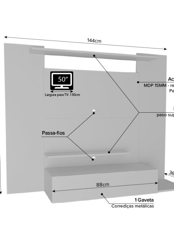 Painel Tv Santiago até 50" - c/ 01 Gaveta e 03 Prateleiras Branco