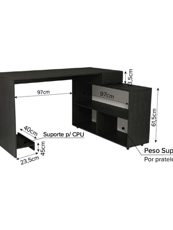 Mesa em L Bruxelas c/ 02 Nichos, 01 Prateleira e 01 Gaveta Preto