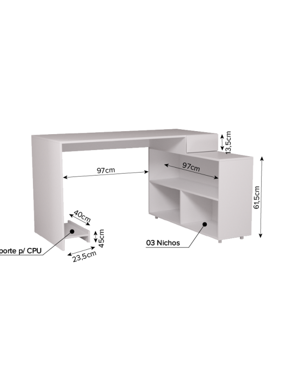 Mesa em L Bruxelas c/ 02 Nichos, 01 Prateleira e 01 Gaveta Branco