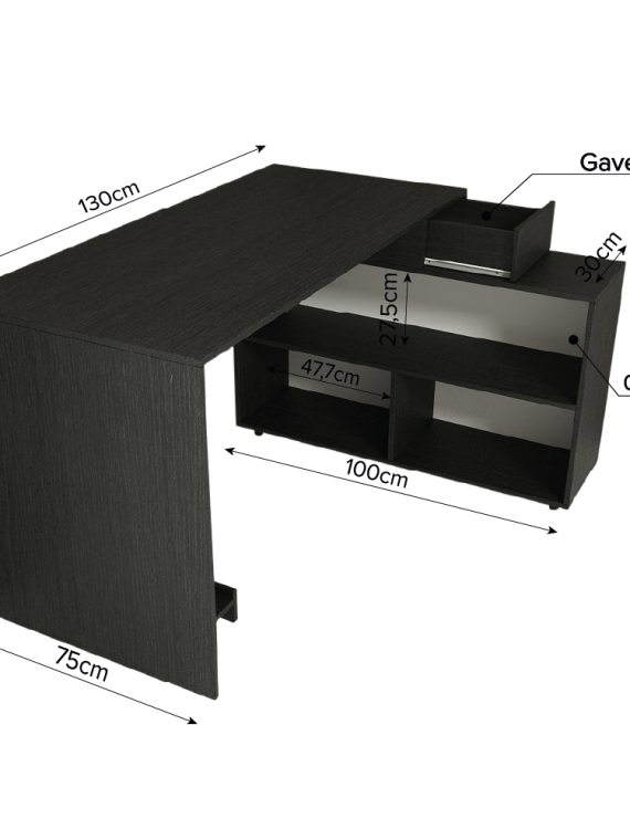 Mesa em L Bruxelas c/ 02 Nichos, 01 Prateleira e 01 Gaveta Preto
